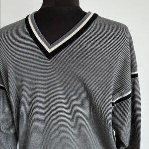 VTG Jaeger London 100% Wool v neck sweater striped AOP grandpa casual med large